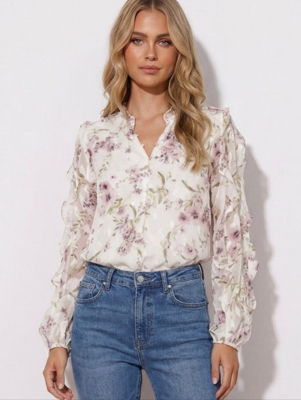 Autres Filles Jacquard Floral Ruffle Sleeve Blouse, Medium